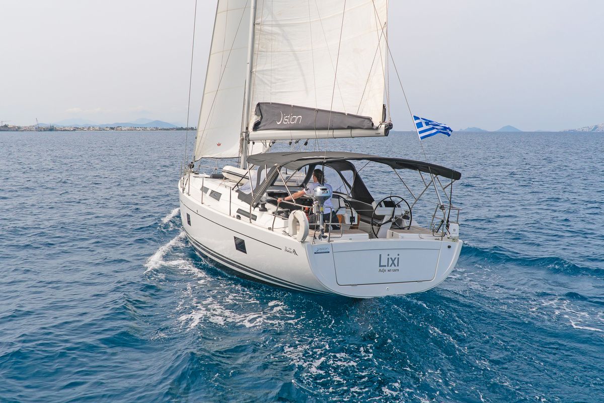 Exterior view of Lixi, a Hanse Yachts Hanse 458 sailboat at Kos, Greece