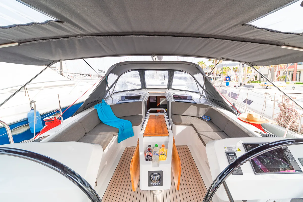 Cockpit of Lixi, a Hanse Yachts Hanse 458 sailboat at Kos, Greece