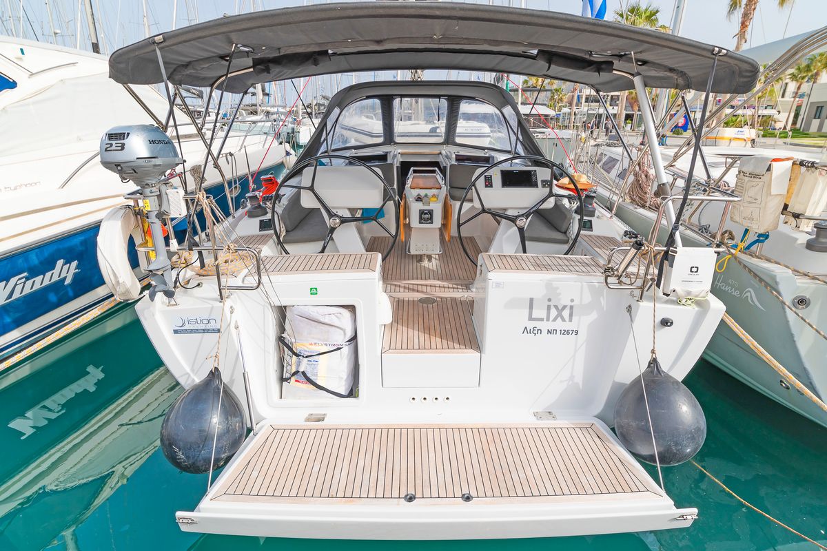 Exterior view of Lixi, a Hanse Yachts Hanse 458 sailboat at Kos, Greece