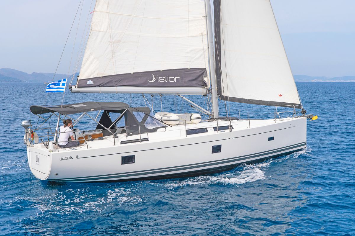 Deck of Lixi, a Hanse Yachts Hanse 458 sailboat at Kos, Greece
