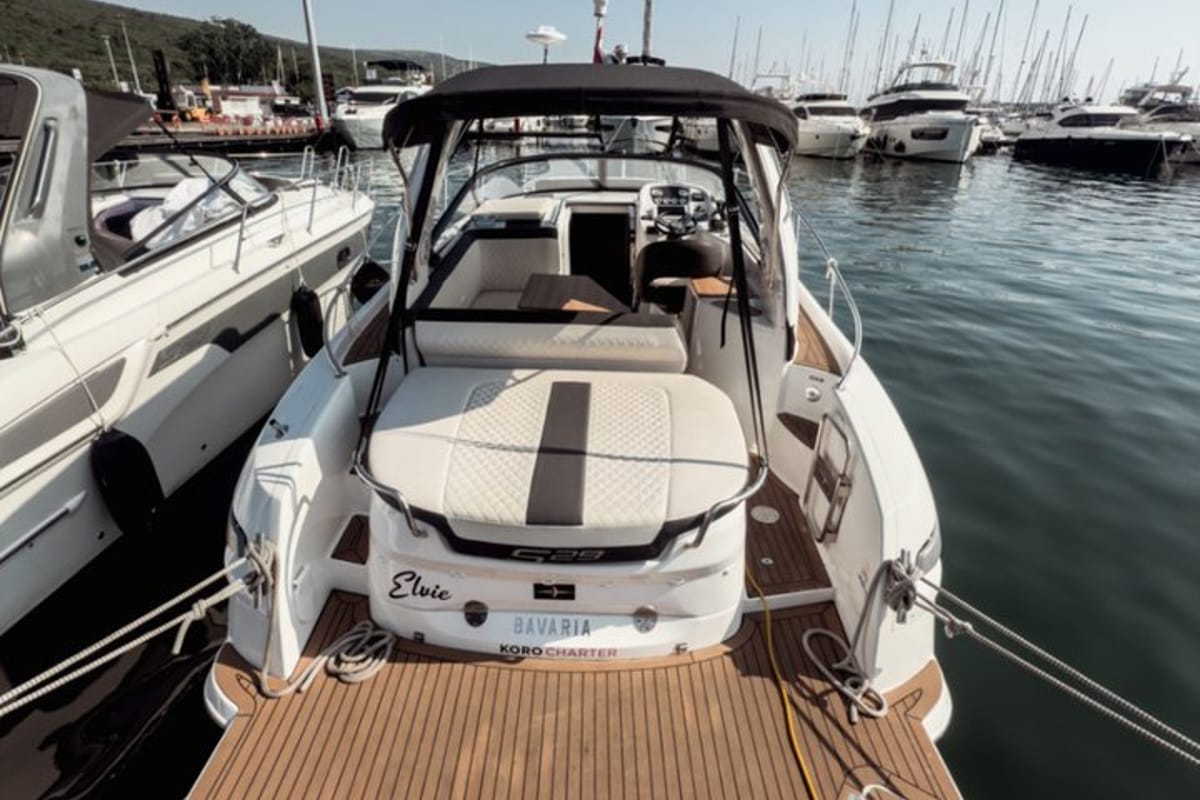 Exterior view of Elvie, a Bavaria S29 motorboat at Punat, Croatia