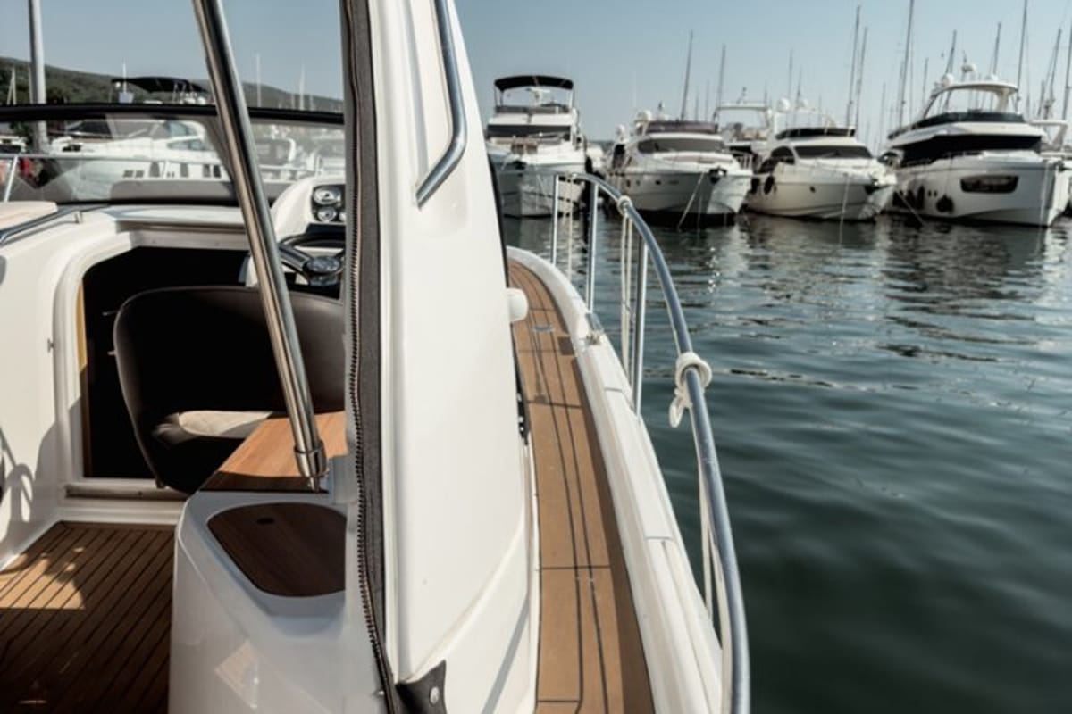 Deck of Elvie, a Bavaria S29 motorboat at Punat, Croatia