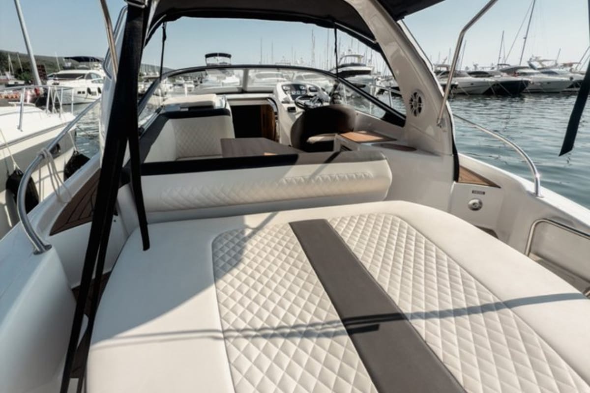 Deck of Elvie, a Bavaria S29 motorboat at Punat, Croatia