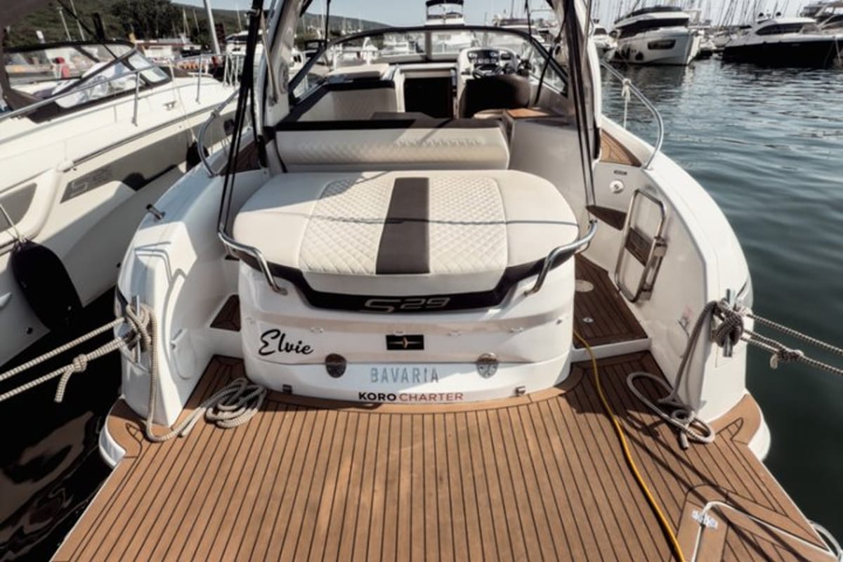 Deck of Elvie, a Bavaria S29 motorboat at Punat, Croatia