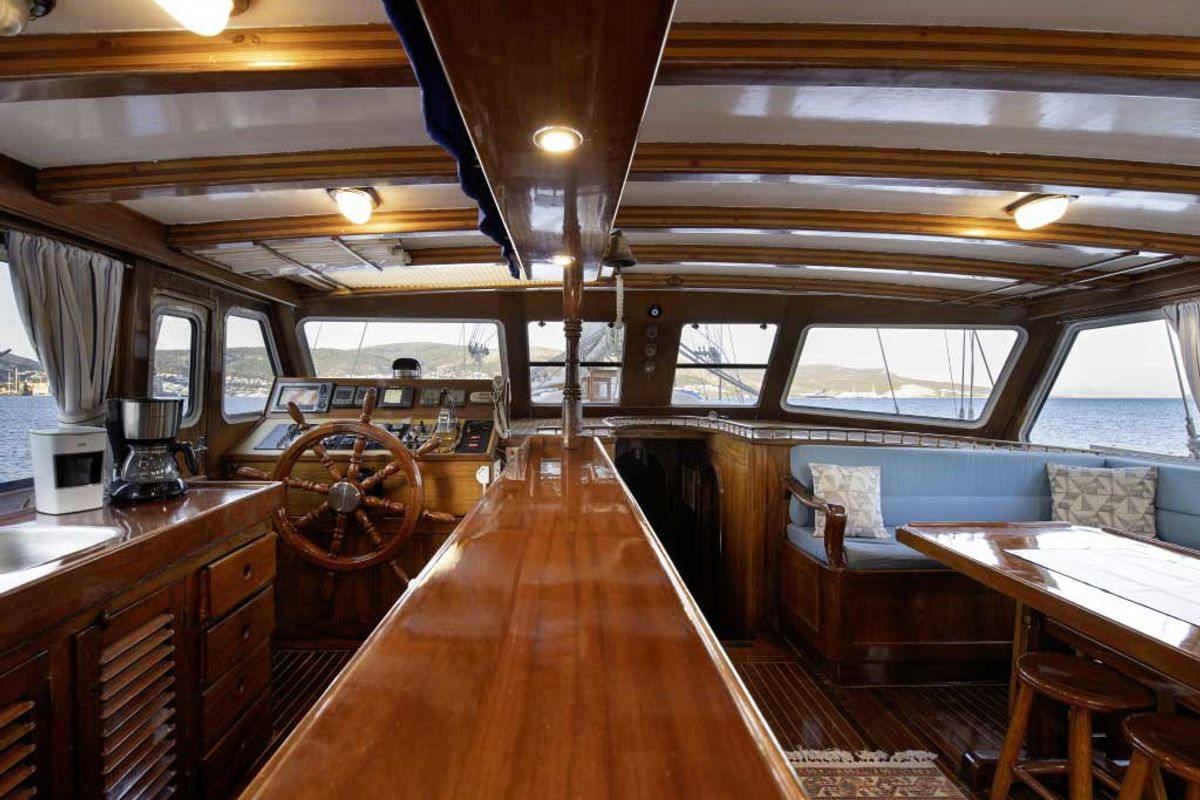 Cockpit of Grandi, a Gulet Gulet gulet at Bodrum, Turkey