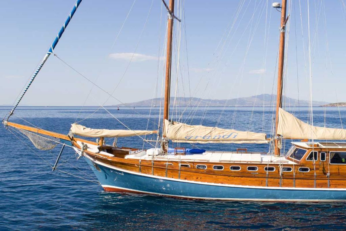 Exterior view of Grandi, a Gulet Gulet gulet at Bodrum, Turkey