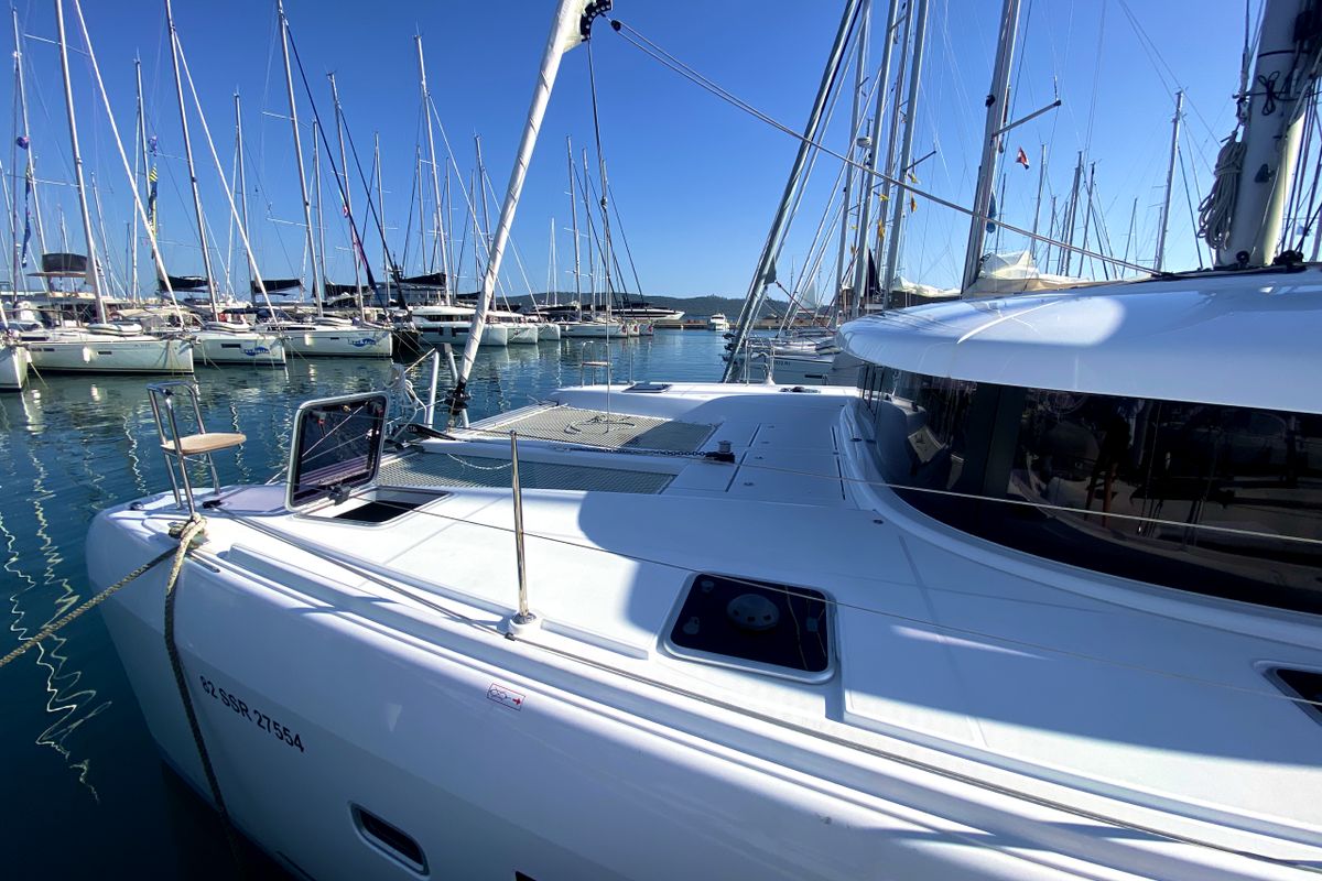 Exterior view of Bendmill, a Lagoon 42 catamaran at Grad Kaštela, Croatia
