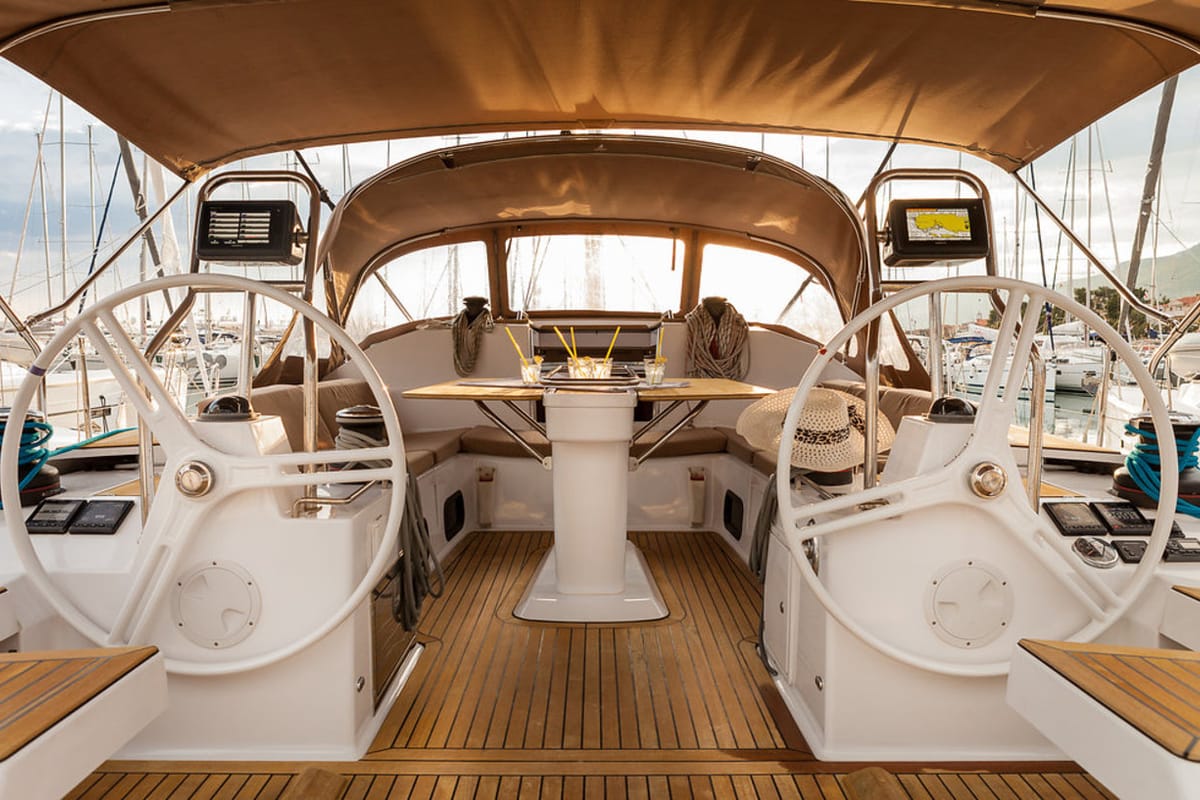 Cockpit of Biondi, a Elan Impression 50 sailboat at Grad Kaštela, Croatia