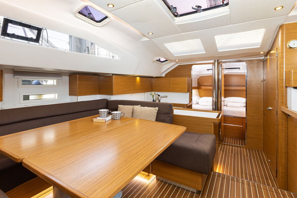 Salon of Biondi, a Elan Impression 50 sailboat at Grad Kaštela, Croatia