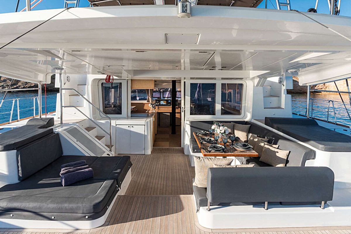 Deck of Queen Of Diamonds, a Lagoon 52 catamaran at Athens, Greece
