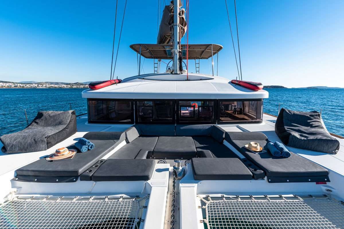 Deck of Queen Of Diamonds, a Lagoon 52 catamaran at Athens, Greece