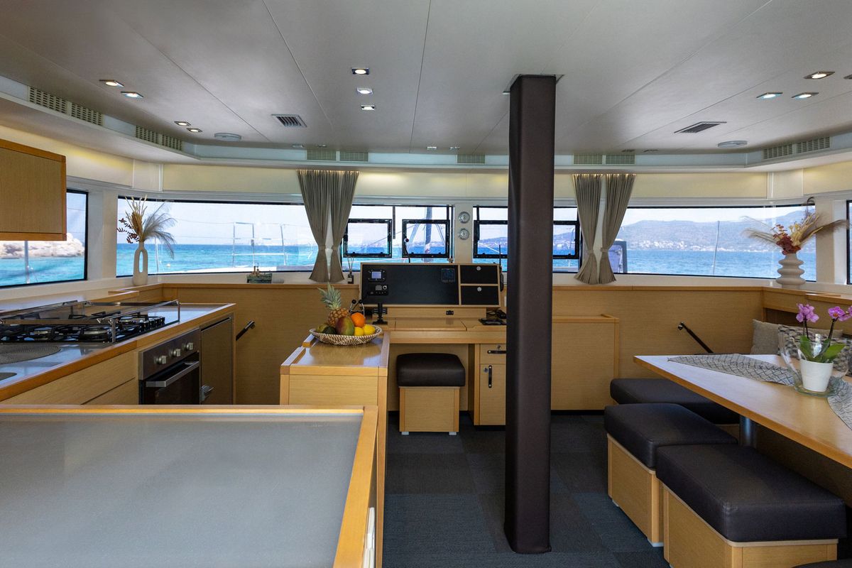 Salon of Queen Of Diamonds, a Lagoon 52 catamaran at Athens, Greece