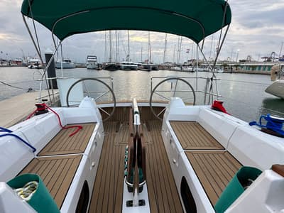 Cockpit of Angelmiles 2, a Northman Maxus 35 sailboat at Valencia, Spain