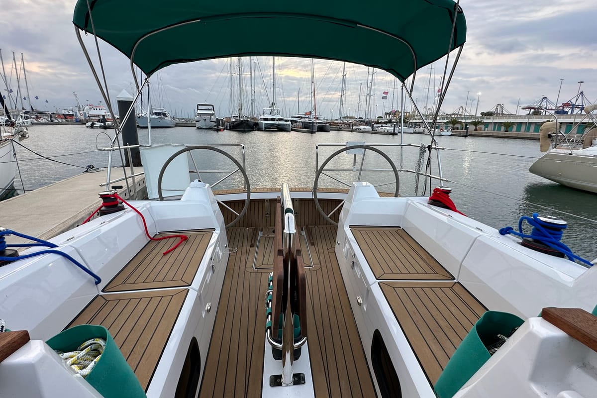 Cockpit of Angelmiles 2, a Northman Maxus 35 sailboat at Valencia, Spain