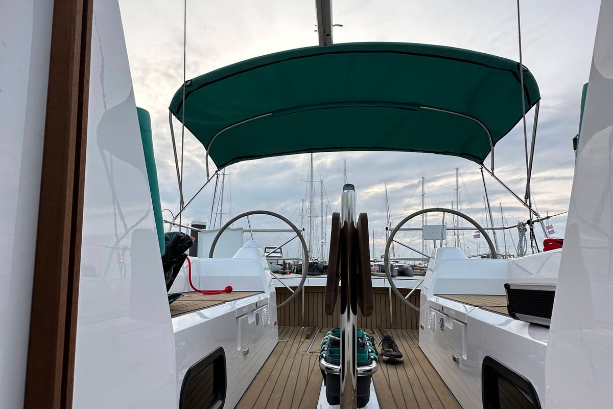 Cockpit of Angelmiles 2, a Northman Maxus 35 sailboat at Valencia, Spain