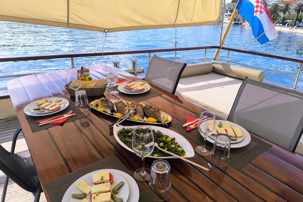 Deck of Premium, a Gulet Gulet gulet at Strožanac Donji, Croatia