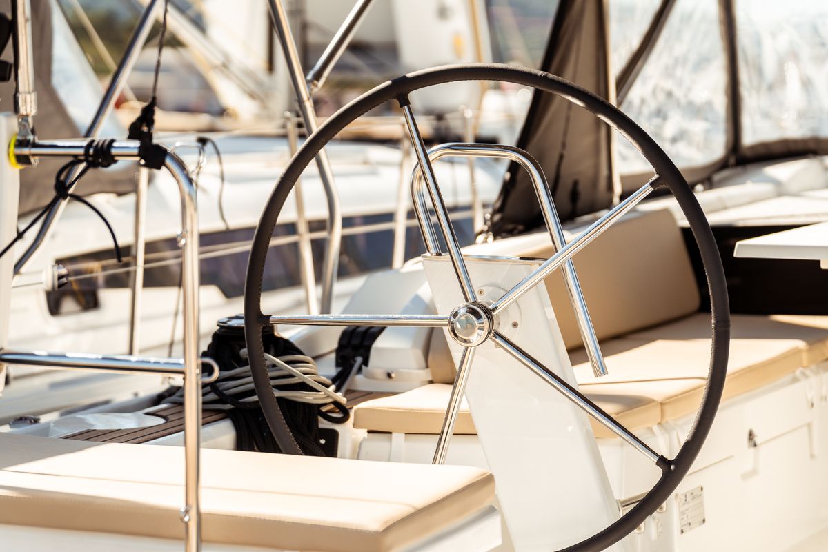 Cockpit of Sarina, a Beneteau Oceanis 46.1 sailboat at Olbia, Italy