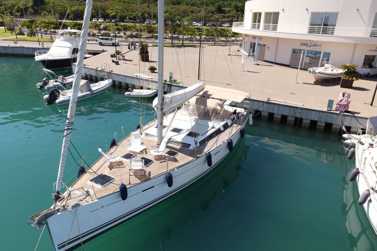 Exterior view of Rainbow, a Dufour 525 Grand Large sailboat at Capo d'Orlando, Italy