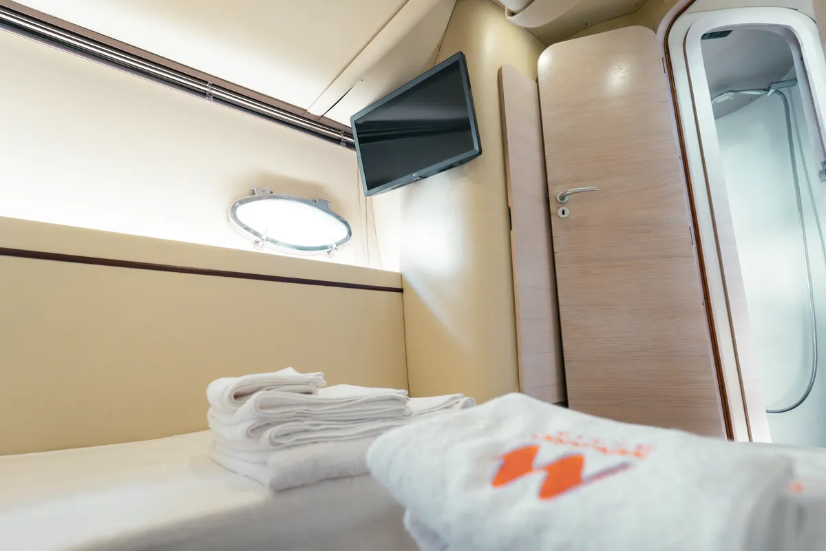 Cabin on Comfort, a Mig 50 motorboat at Salerno, Italy