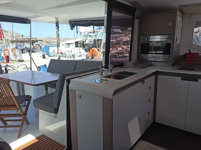 Galley of Almiriki, a Fountaine Pajot Isla 40 catamaran at Parikia, Greece