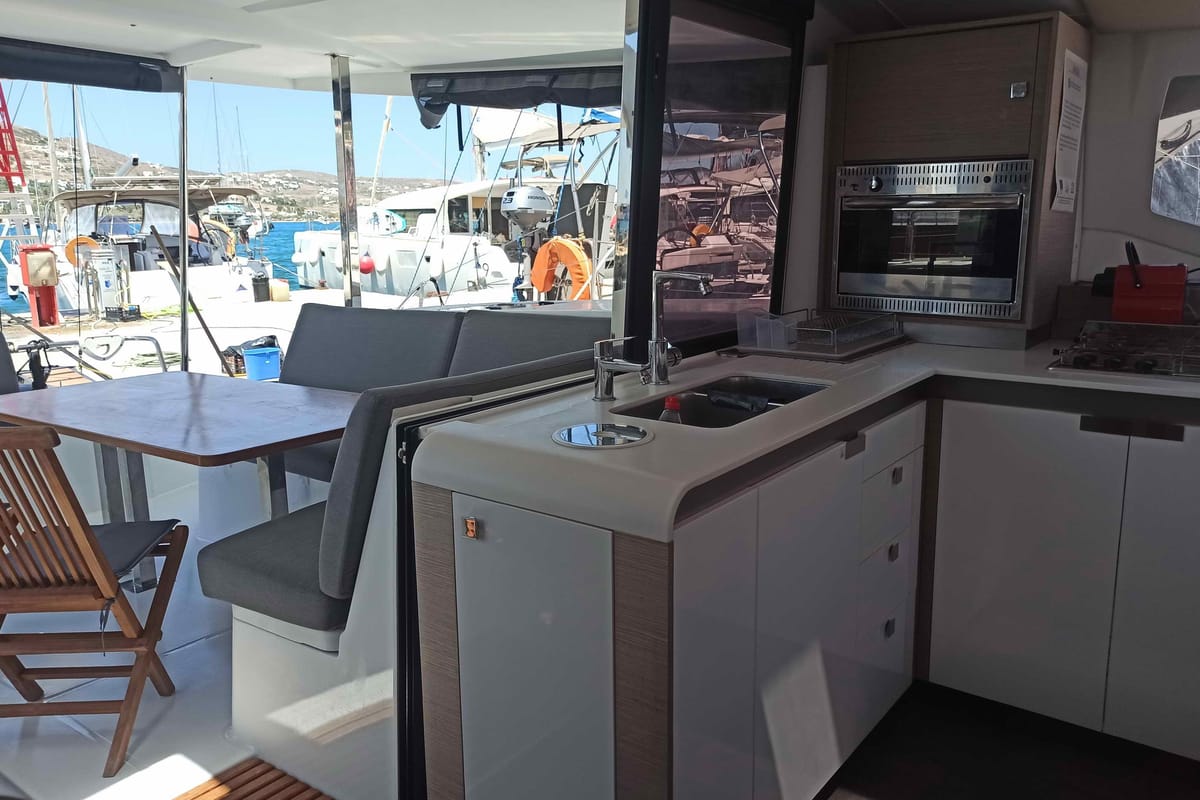 Galley of Almiriki, a Fountaine Pajot Isla 40 catamaran at Parikia, Greece