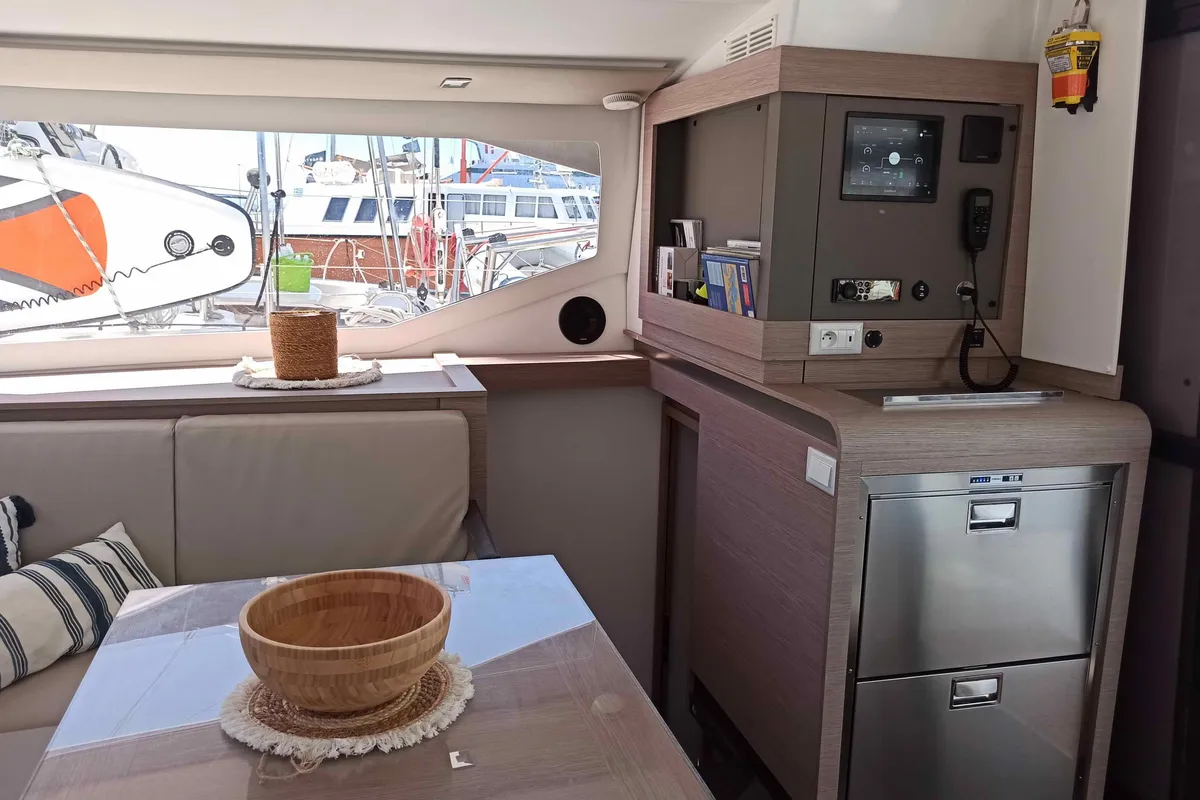 Salon of Almiriki, a Fountaine Pajot Isla 40 catamaran at Parikia, Greece