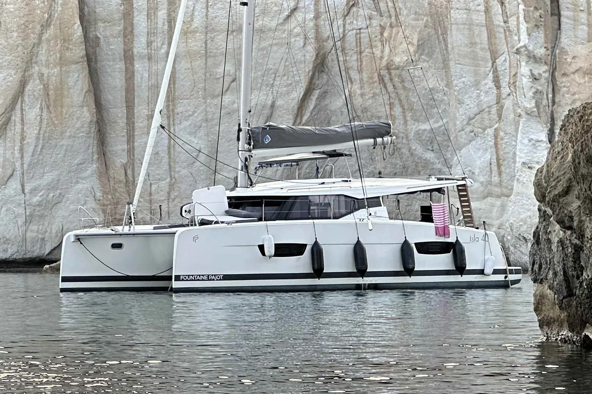Exterior view of Almiriki, a Fountaine Pajot Isla 40 catamaran at Parikia, Greece