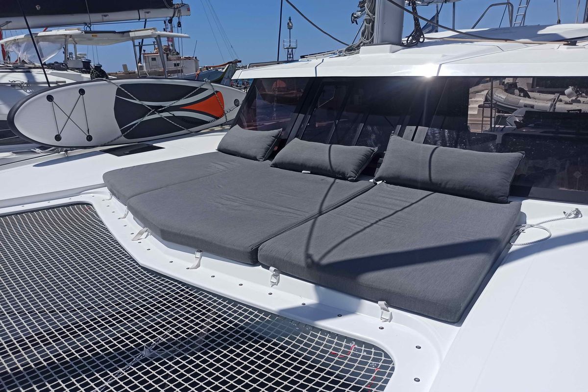 Deck of Almiriki, a Fountaine Pajot Isla 40 catamaran at Parikia, Greece