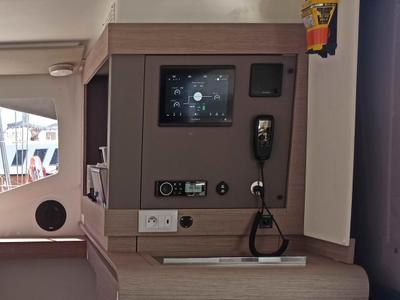 Cockpit of Almiriki, a Fountaine Pajot Isla 40 catamaran at Parikia, Greece
