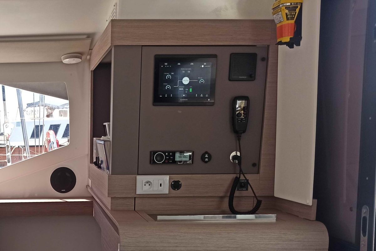 Cockpit of Almiriki, a Fountaine Pajot Isla 40 catamaran at Parikia, Greece
