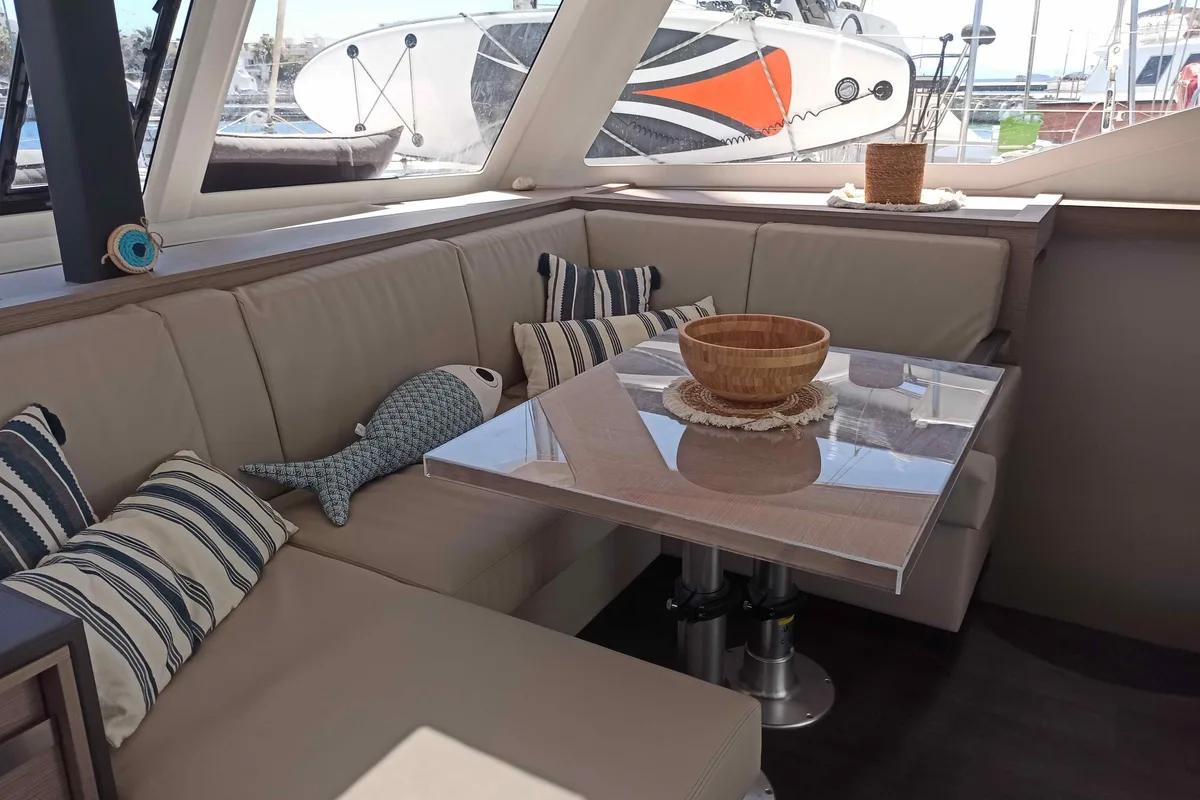 Salon of Almiriki, a Fountaine Pajot Isla 40 catamaran at Parikia, Greece