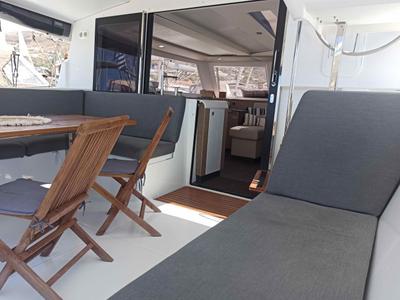 Deck of Almiriki, a Fountaine Pajot Isla 40 catamaran at Parikia, Greece