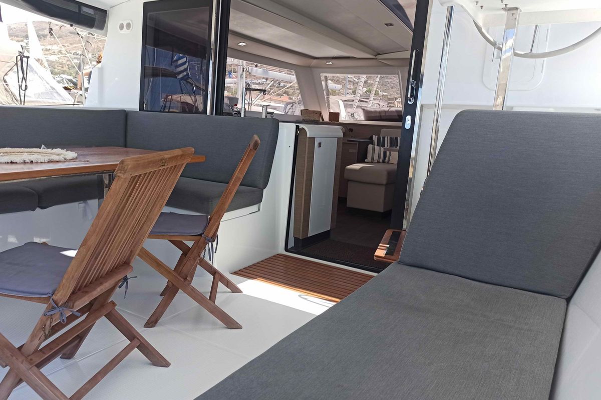 Deck of Almiriki, a Fountaine Pajot Isla 40 catamaran at Parikia, Greece