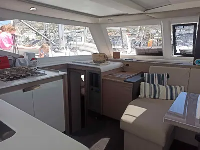 Salon of Almiriki, a Fountaine Pajot Isla 40 catamaran at Parikia, Greece
