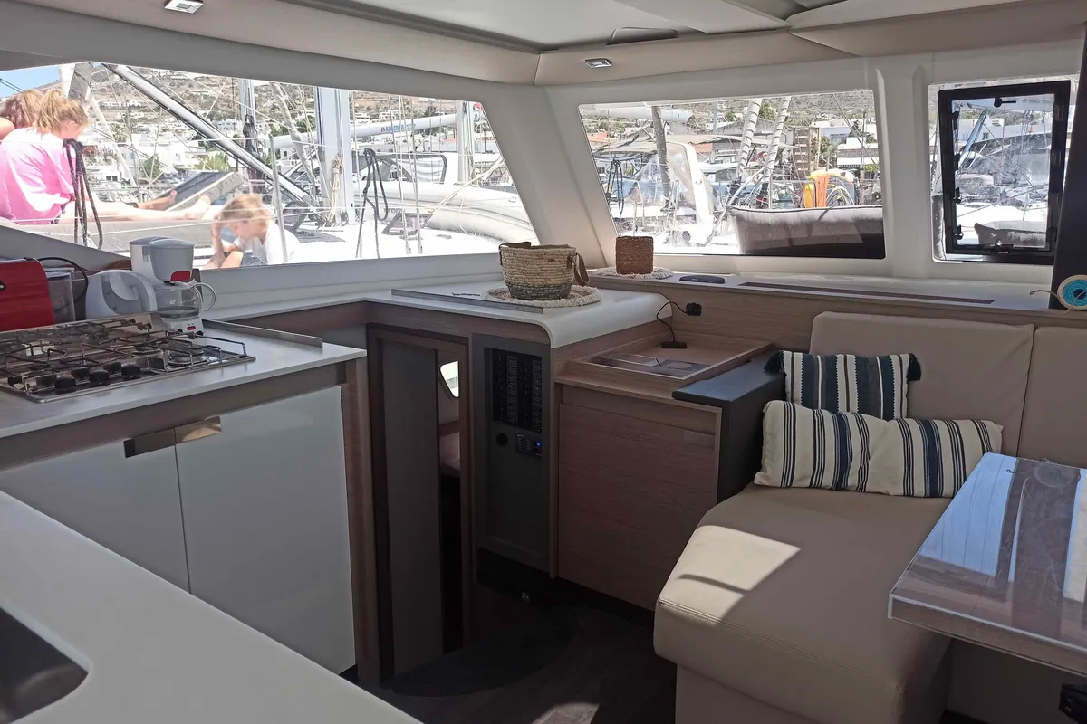 Salon of Almiriki, a Fountaine Pajot Isla 40 catamaran at Parikia, Greece
