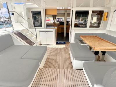 Deck of LA DOLCE VITA, a Lagoon 52F catamaran at Sant Antoni de Portmany, Spain