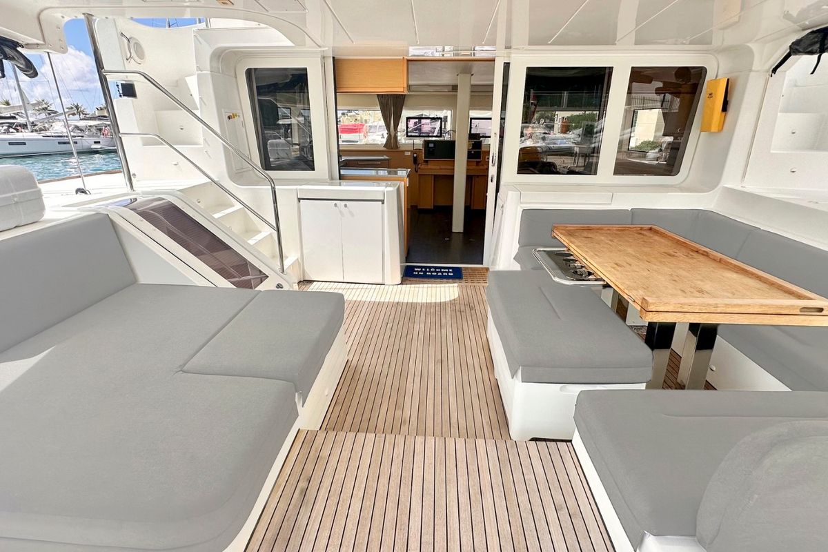 Deck of LA DOLCE VITA, a Lagoon 52F catamaran at Sant Antoni de Portmany, Spain