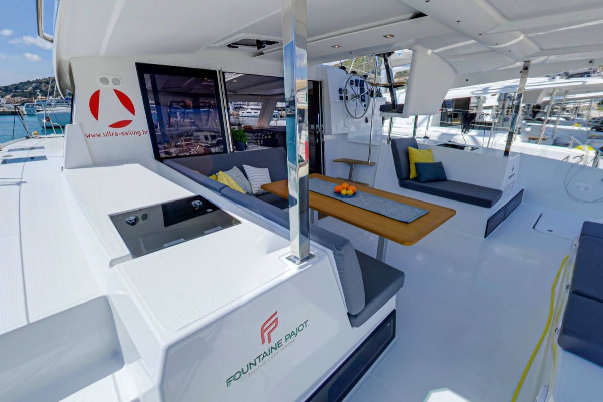 Deck of Sailor Venus, a Fountaine Pajot Isla 40 catamaran at Dubrovnik, Croatia