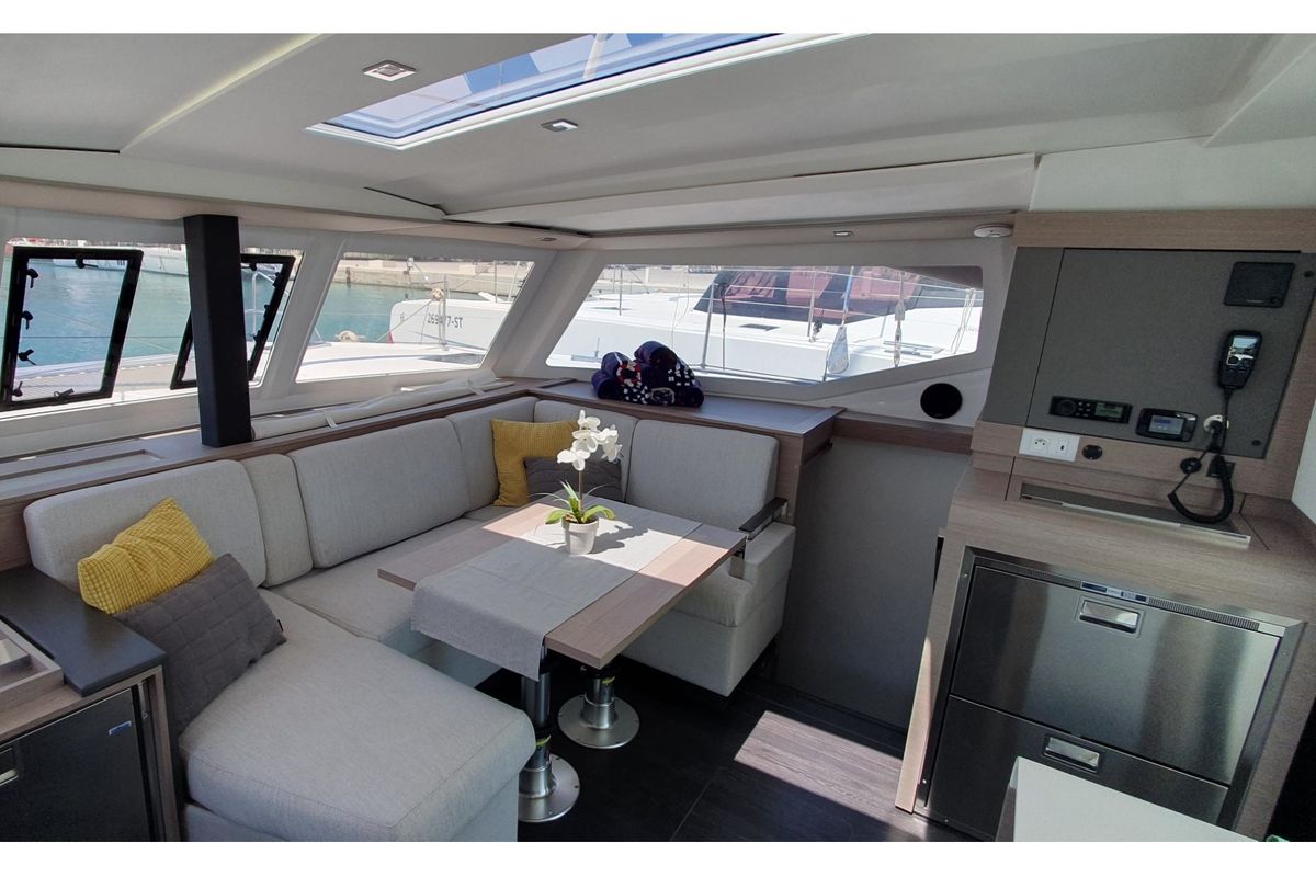 Salon of Sailor Venus, a Fountaine Pajot Isla 40 catamaran at Dubrovnik, Croatia