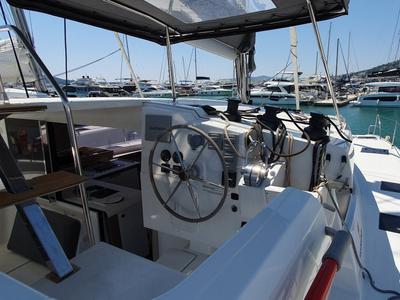Cockpit of Sailor Venus, a Fountaine Pajot Isla 40 catamaran at Dubrovnik, Croatia