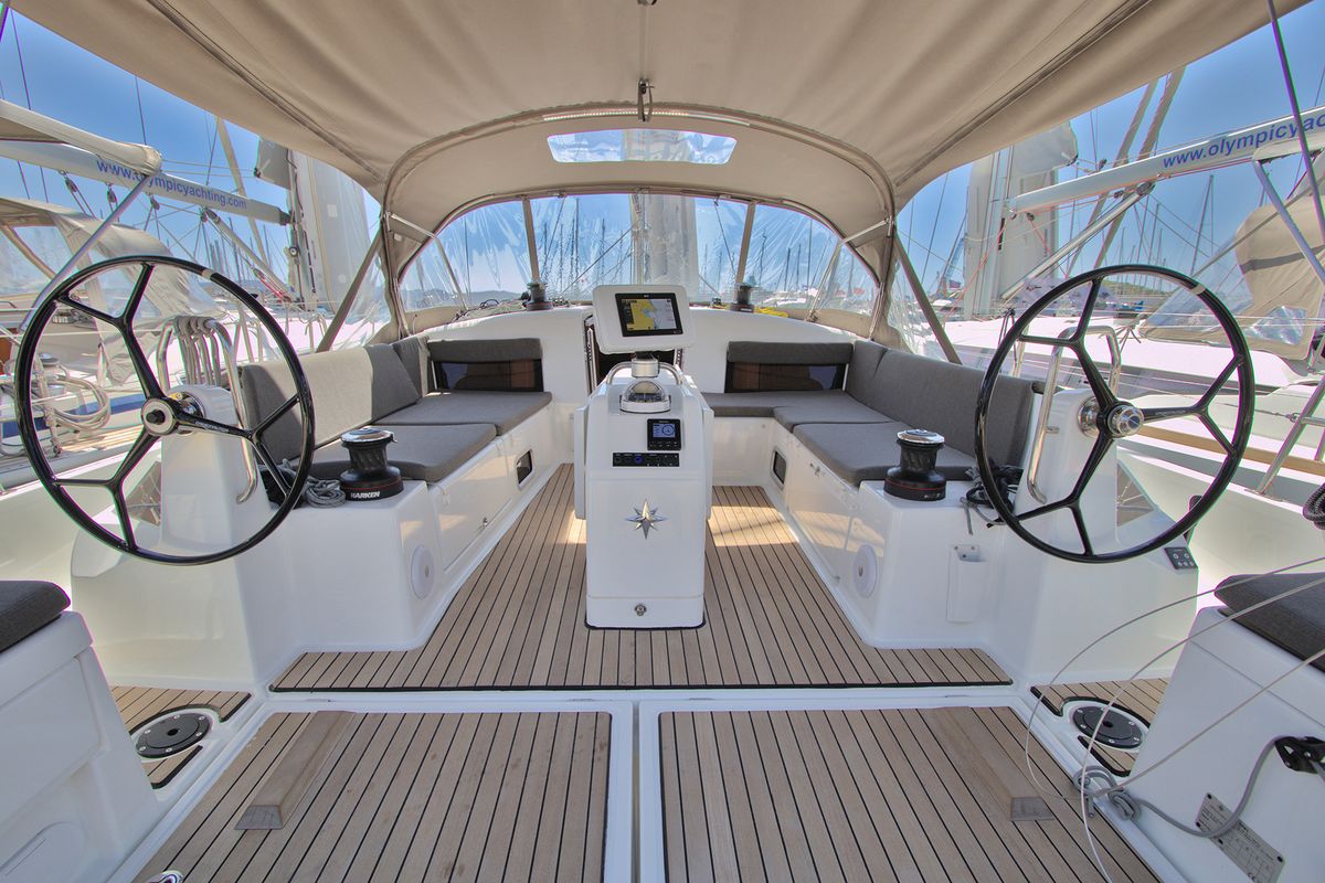 Cockpit of Menelaos, a Jeanneau Sun Odyssey 490 sailboat at Lavreotiki Municipal Unit, Greece