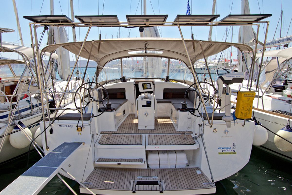 Exterior view of Menelaos, a Jeanneau Sun Odyssey 490 sailboat at Lavreotiki Municipal Unit, Greece