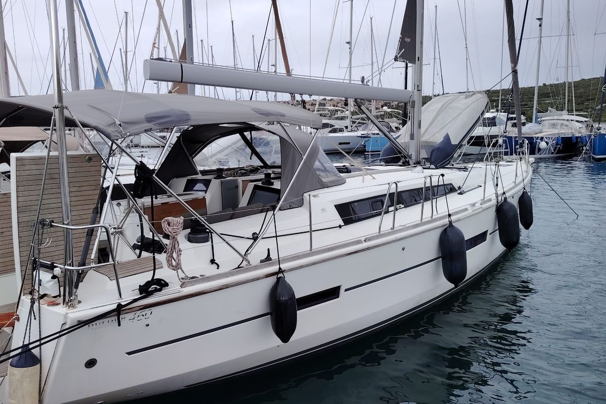 Exterior view of Harvey, a Dufour 460 GL sailboat at Punat, Croatia