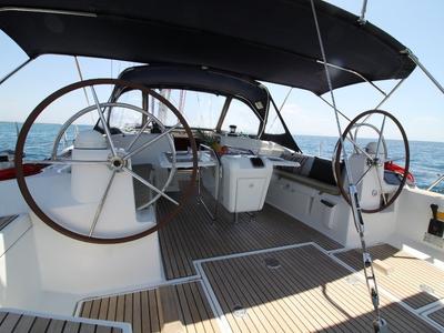 Cockpit of Jester, a Jeanneau Sun Odyssey 509 sailboat at Athens, Greece