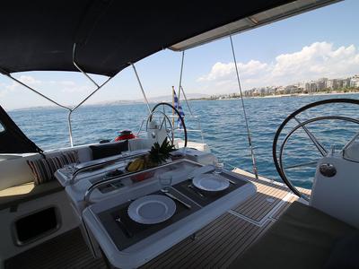 Deck of Jester, a Jeanneau Sun Odyssey 509 sailboat at Athens, Greece