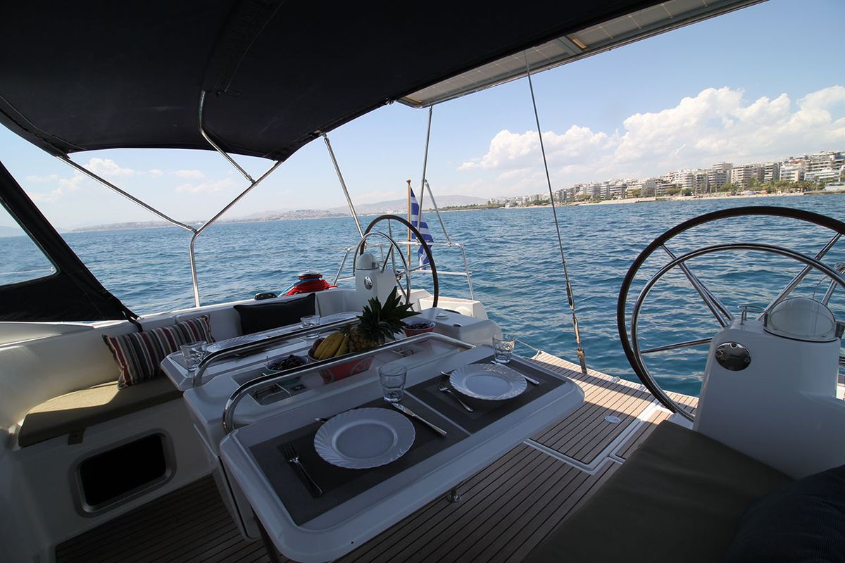 Deck of Jester, a Jeanneau Sun Odyssey 509 sailboat at Athens, Greece