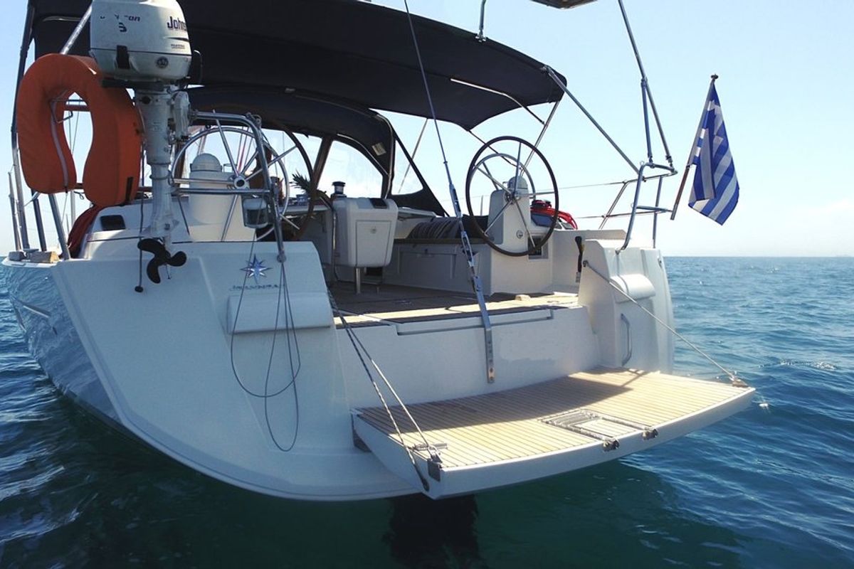 Deck of Jester, a Jeanneau Sun Odyssey 509 sailboat at Athens, Greece