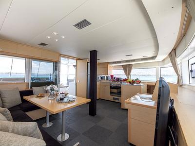 Salon of Royal Flush, a Lagoon 52 catamaran at Athens, Greece