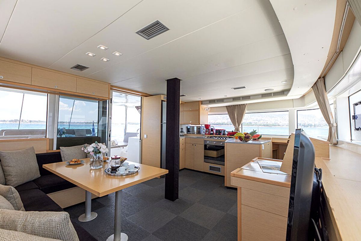 Salon of Royal Flush, a Lagoon 52 catamaran at Athens, Greece
