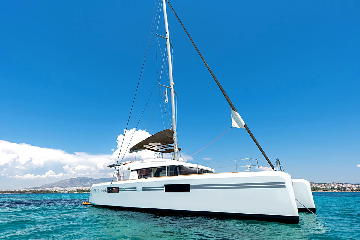 Exterior view of Royal Flush, a Lagoon 52 catamaran at Athens, Greece